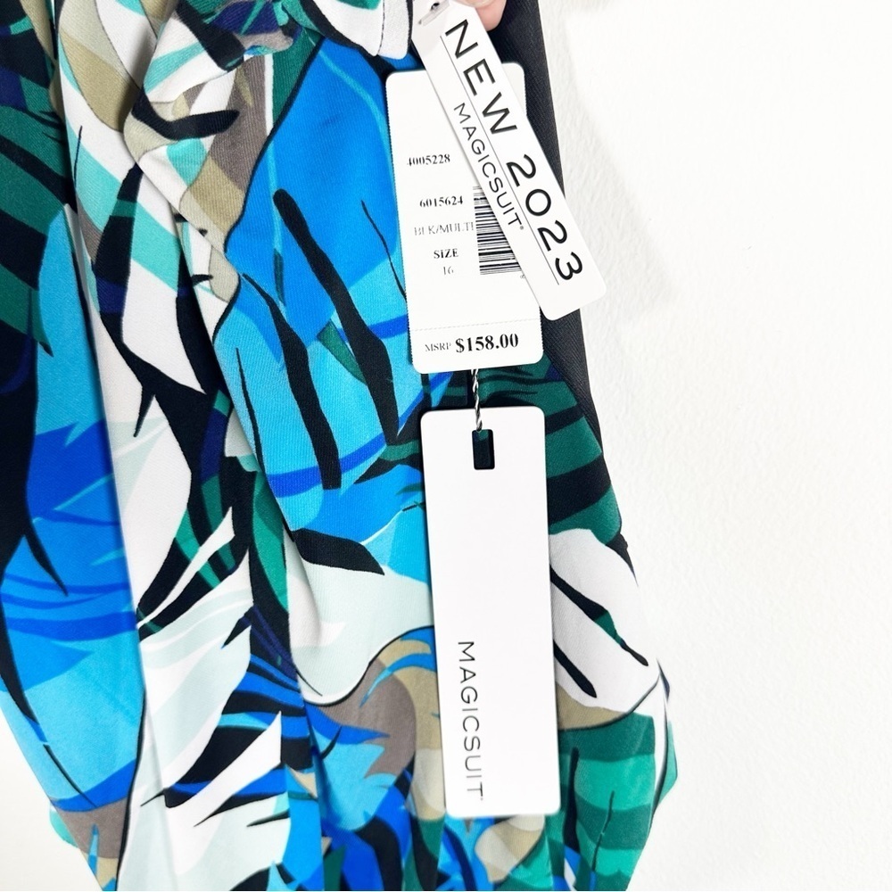 NWT $158 Magicsuit Women's Draped One-Piece Swimsuit Size 16 black and blue palm - Picture 6 of 9
